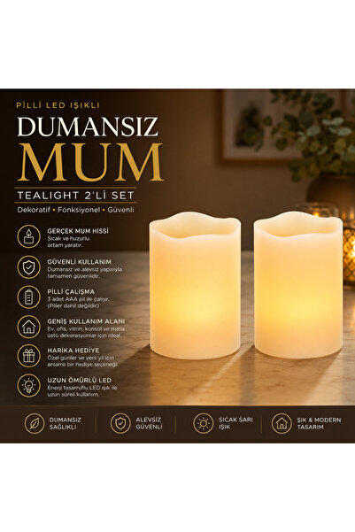 e-life shop Pilli LED Işıklı Dumansız Mum Tealight 2'li Set Dekoratif Ev Ofis...
