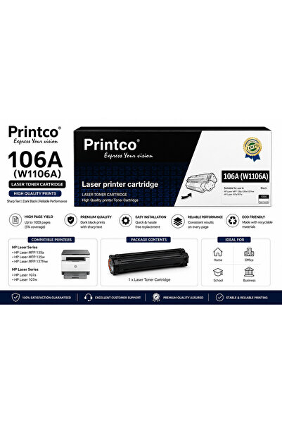 Printco خرطوشة حبر W1106A (106A) متوافقة مع طابعات HP Laser MFP 135 و137