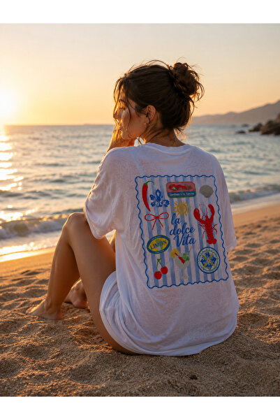 OWNME Striped Lobster Print T-Shirt, Women's Casual Crew Neck Short Sleeve Pl...
