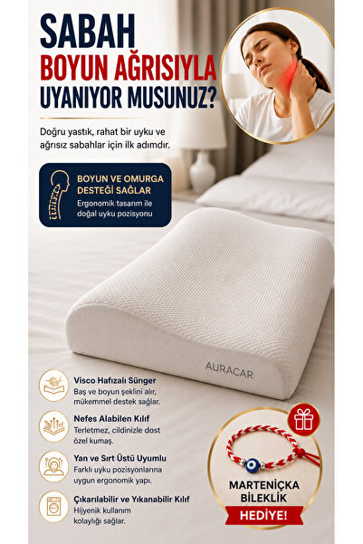Auracar Ortopedik Visco Boyun Yastığı Boyun Düzleşmesine Destekli Lüks Yastık