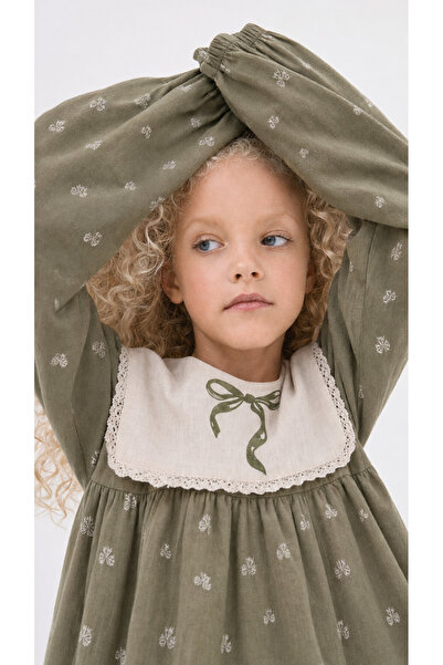 ES Baby Girl Flam Linen Lace Collar Bow Printed Long Sleeve Zipper Dress