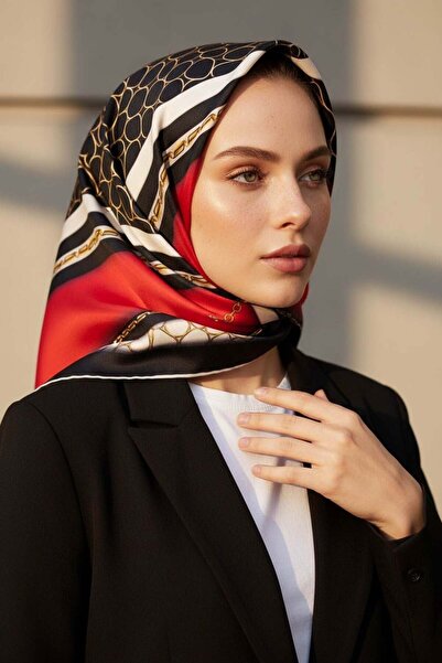 Vissona % 57 İPEK % 43 VİSKON Twill İpek Gold Halka Desenli Kırmızı - Siyah R...