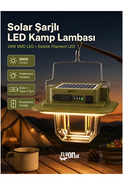 FLYONLOOK Solar Şarjlı Mıknatıslı LED Kamp Lambası 2000 Lümen 25W SMD LED USB...