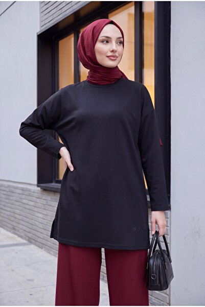 Modamorfo Loose Combed Cotton Tunic with Heart Detail on the Skirt and Slits ...