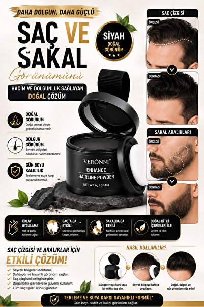 DERMAES beauty Yeni Nesil Saç Dolgunlaştırıcı Siyah Pudra Seyrek Sakal Saçlar...