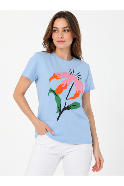 nurneva Women's Crew Neck Midi Length Floral Printed Blue Tshirt
