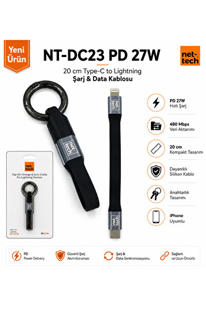 Nettech NT-DC23 Pd 27W Plastik 20 Cm Type-C To Lightning Şarj ve Data Kablosu...