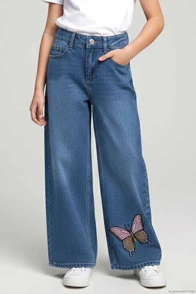 Breeze Girl's Jeans with Butterfly Embroidery, Buttoned and Zippered, Ages 10...