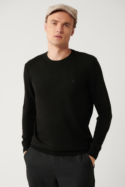 Avva Men's Black Crew Neck Non-Pilling Knitwear Sweater E 005000