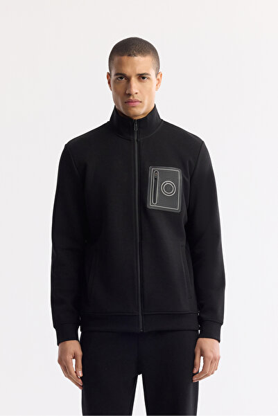 Avva Men's Black Stand Collar Zippered Bi-Stretch Interlock Regular Fit Sweat...