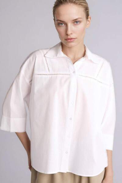 DeFacto 100% Cotton Relax Fit Shirt Collar White Flared Long Sleeve Shirt G01...