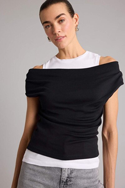 DeFacto 100% Cotton Slim Fit One Shoulder Ribbed Short Sleeve T-Shirt G9546Ax...
