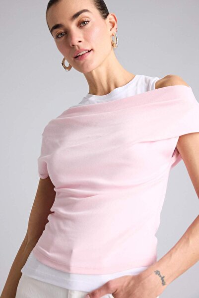 DeFacto Γυναικείο T-Shirt Slim Fit διπλής στρώσης Ribana Pink G9546AX/PN186