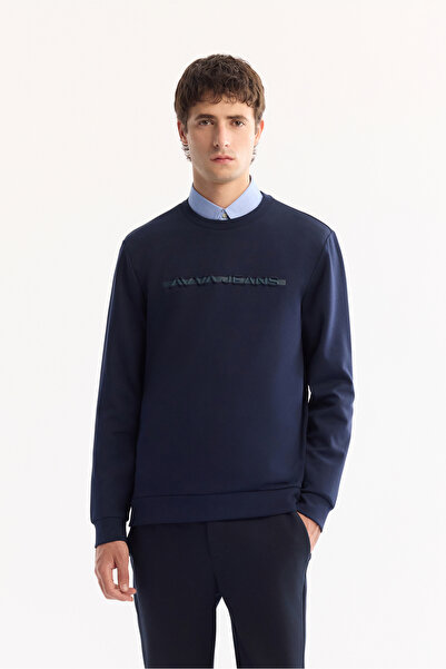 Avva Men's Navy Blue Crew Neck Cotton Bi-Stretch Printed Regular Fit Sweatshi...