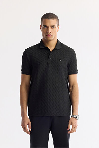 Avva Men's Black Polo Neck Jacquard Elastane Regular Fit T-Shirt A51Y1121