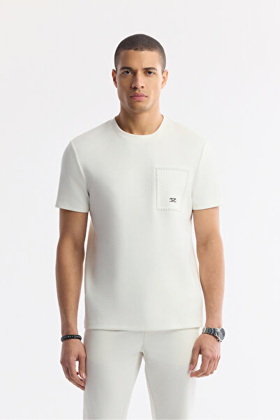 Avva Men's Ecru Crew Neck Printed Bi-Stretch Interlock Regular Fit T-Shirt A5...