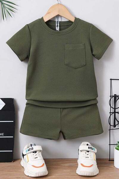 Bubito Waffle Visual Pocket Detailed Cotton Summer Baby Kids Shorts Set-Green