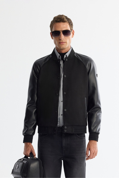 Avva Men's Black Bomber Collar Suede Textured Comfort Fit Coat A42Y6028