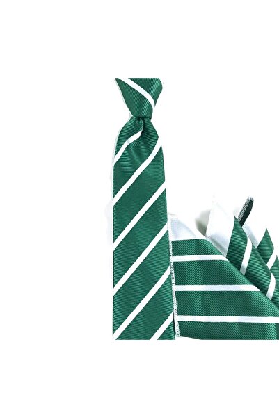 Sade Kravat Green and White Striped Thin Tie with Handkerchief 25099 Green