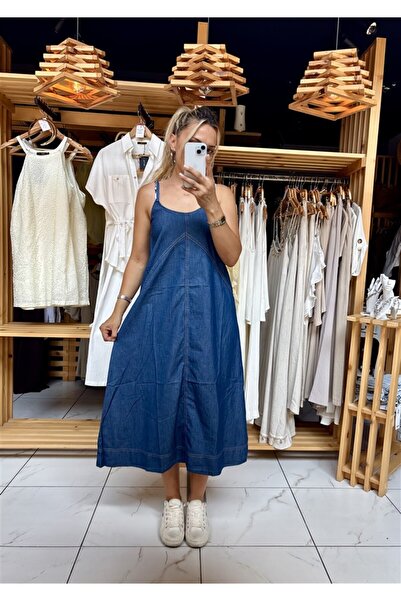 Gözde Tasarım Butik Women's Blue Color Midi Length Loose Tencel Denim Dress w...