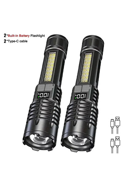 Choice Black 2pcs High Power LED Flashlight Powerful TYPE-C Rechargeable COB ...