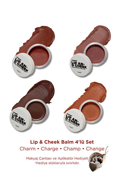 Leef Lip & Cheek Balm 4'lü Set | Charm Charge Change Champ | Krem Allık Lip Tint + Aplikatör Çanta Hediyeli