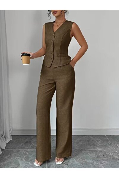 JANES Ženska bluza sa trepavicama Na dugmad sprijeda i pantalone Lan dupli set