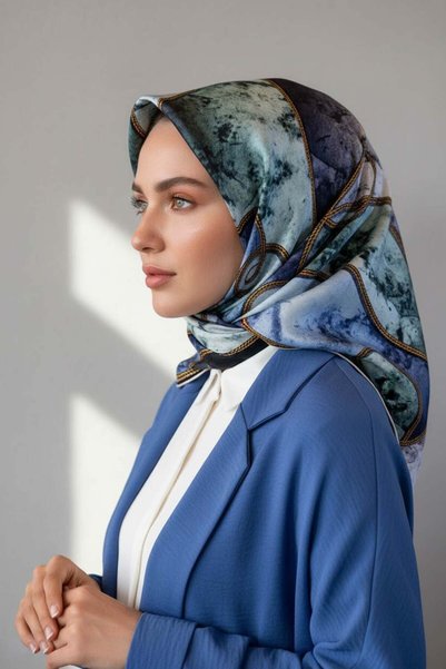 Vissona %100 Twill İpek Zincirli Mermer Desenli İndigo - Mint Yeşili Renkli 9...