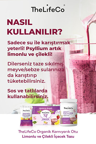 TheLifeCo Organik Psyllium - Limonlu ve Çilekli Karnıyarık Otu Tozu 15'li Kutu