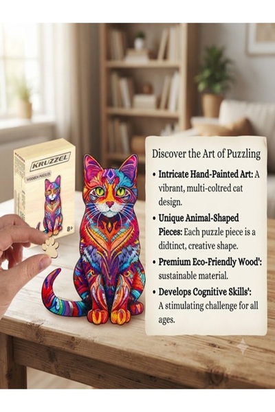 KRUZZEL Puzzle din lemn cu pisică, 130 de piese – Artă creativă din lemn