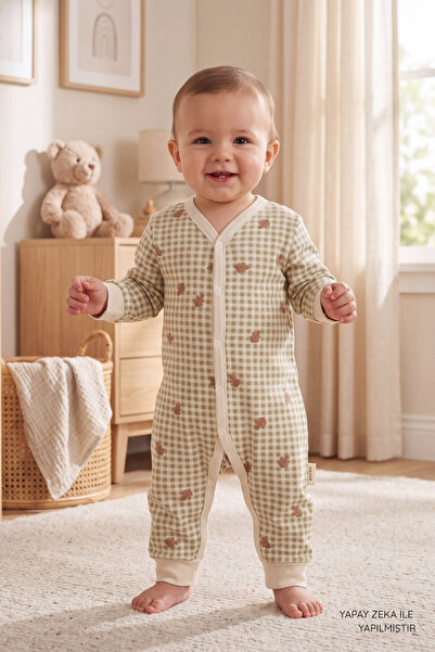 VAUVA Patterned Baby Romper 100% Cotton Long Sleeve Snap Fastener Plaid Patte...