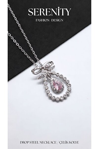 Serenity Drop Bow Figure Pink Zircon Stone Steel Necklace