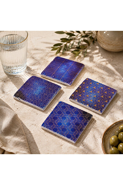 Anadolia Blue 4-Piece Travertine Coasters with Gold Leaves