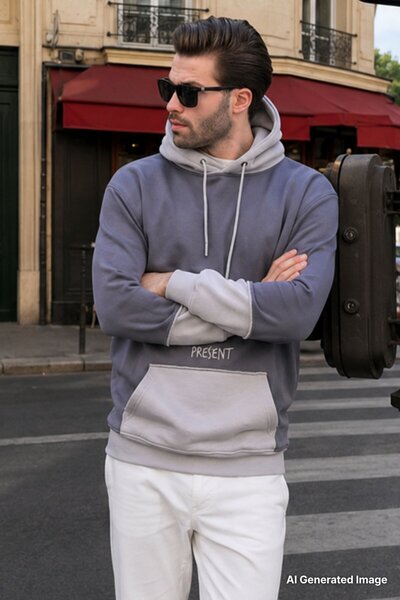 Madmext Smoked Hooded Printed Men's Sweatshirt with Pocket Detail 7083