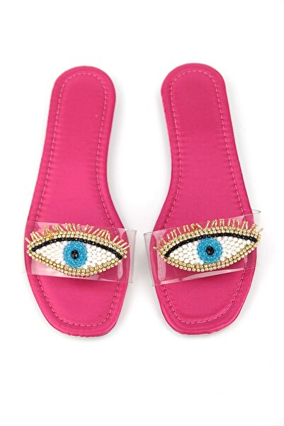 Gökhan Talay Eye Bead Fuchsia Shiny Satin Handmade Natural Stone Women's Slip...