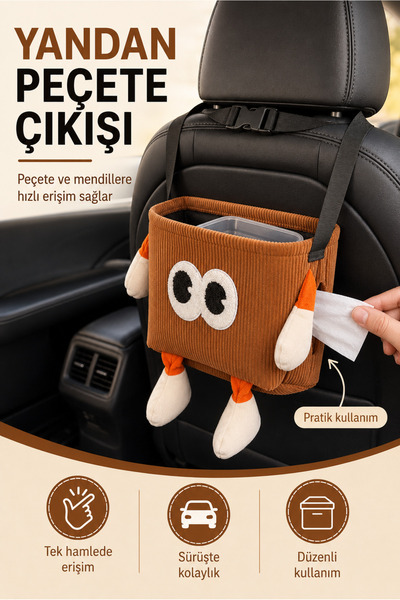 YHH Kids BinMio Çok Amaçlı Araç Çöp Çantası | Çocuk Araç Düzenleyici, Peçetelik Kahverengi