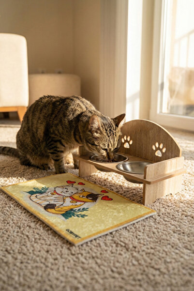 GOBYPET Ahşap Kedi Köpek Mama Su Kabı Standı, Metal Suluk, Kedi Köpek Halısı