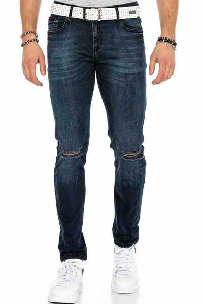 Cipo&Baxx Cd375 Chain Array Ripped Navy Blue Slim Fit Men's Jeans