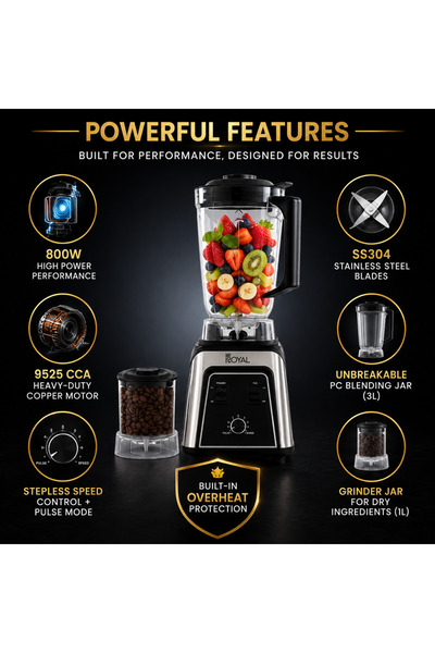 Royal Appliances خلاط رويال التجاري 2 في 1، محرك عالي السرعة 800 واط، أوعية 3 لتر + 1 لتر، شفرات من الفولاذ المقاوم للصدأ SS304، تحكم متغير في السرعة ووظيفة النبض RA-CTB2015