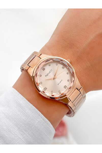 Ferrucci Stylish Rose Gold Color Women's Wristwatch with Cut Glass