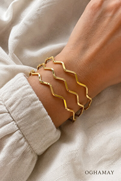 OGHAMAY Altın Renk 22 Ayar Kaplama Zikzak Ajda Bilezik 22 Cm .3 Adet - 3288-3
