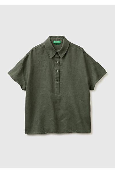 United Colors of Benetton Women's Khaki 100% Linen Off-Shoulder Polo Collar S...