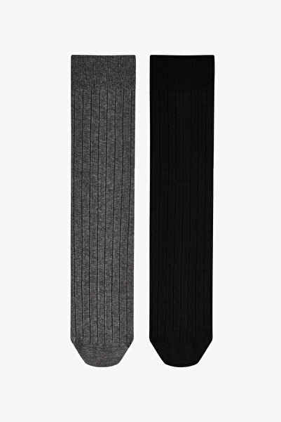 Penti Șosete negre gri, jacquard, cu 2 perechi, din material ribbit