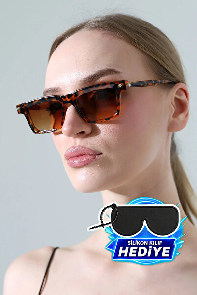 MİLANO KORS Women's Leopard Rectangular Frame Brown Glass Sunglasses