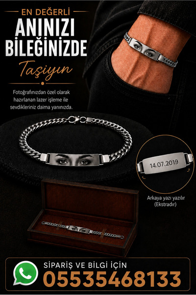 Steel Art Kuyumculuk Kişiye Özel Göz Resim Baskılı Paslanmaz Çelik Bileklik S...