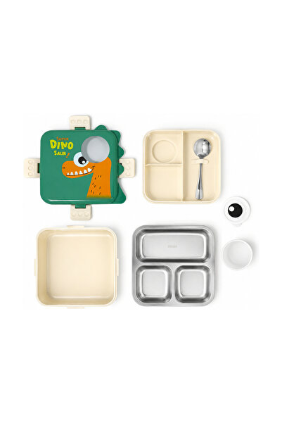 Dream Vest TEK KATLI KARE DİNOZOR ÇELİK BESLENME KUTUSU 1120ML +70ML YEŞİL
