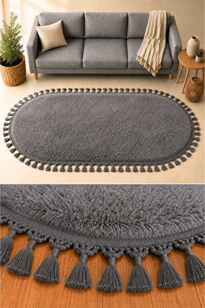 SANRUGS Home & Living POST Peluş Halı, Püsküllü, Oval, Yumuşak Tavşan Tüylü M...