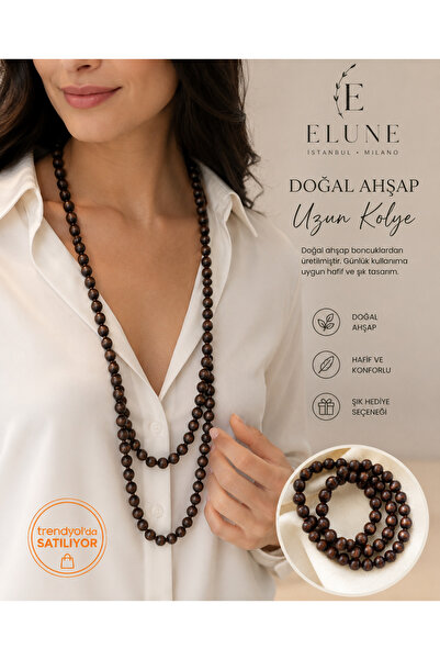 ELUNE İSTANBUL & MİLANO Doğal Ahşap Boncuklu Uzun Kadın Kolye
