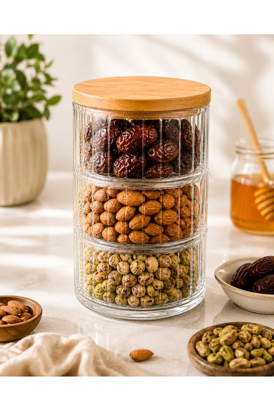Durina Living 3-Tier Glass Storage Container with Bamboo Lid Modular Breakfas...