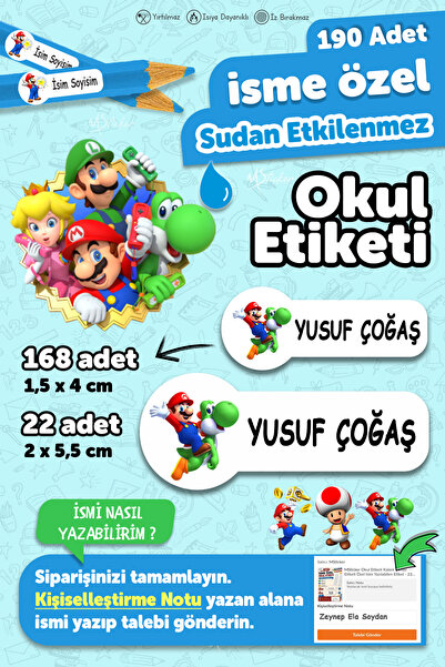MSticker Okul Etiketi Kalem Defter Etiketi Süper Mario Temalı Özel Isim Yazıl...